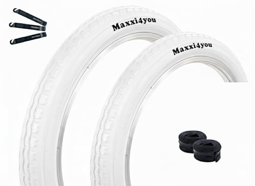 Maxxi4you 2 x Fahrradreifen HY-145 in Weiß 47-355 (18 x 1.75) + 2 x Passende Schläuche AV inkl. maxxi4you Reifenheber