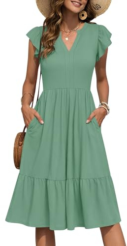 PLMOKEN Sommerkleid Damen Midi V-Ausschnitt A-Linie Kleider Kurzarm Rüschen Ärmel Lockeres Freizeitkleid Mit Taschen
