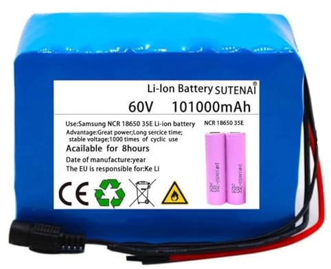 60V 101AH Lithium-Ion Electric Bike Battery 16S2P Batería De Repuesto De Bicicleta Eléctrica con Placa De Protección Integrada Batería De Iones De Litio para Patinete Eléctrico T