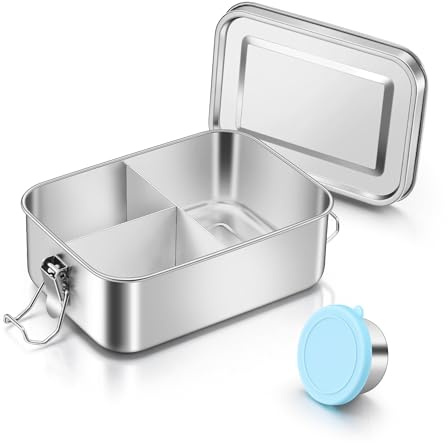 Onader Brotdose 850ML, Edelstahl Bento Box Kinder mit Dressing Behälter | Metall Lunchbox Snackbox mit 1pc Abnehmbar Trennwand & Saucen Behälter für Erwachsene, Auslaufsicher & Spülmaschinenfest