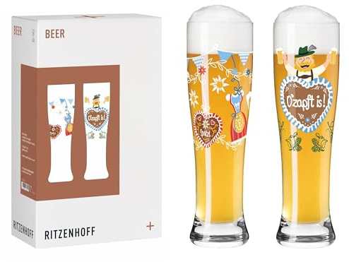 RITZENHOFF 6021003 Weizenbierglas 2er Set 500 ml - Serie Brauchzeit - Motiv O’zapft is! braun, blau, grün, rot | Artikelnr. 6021003, Serie Brauchzeit, 2 Weizenbiergläser 500 ml, Kristallglas, spülmaschinenfest