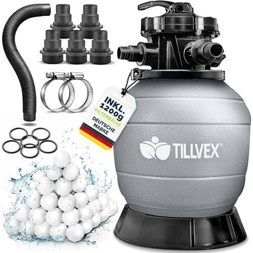 tillvex® Filtre à Sable pour Piscine sans Pompe + Billes filtrantes jusqu'à 50 m³ (50.000 litres) | Cuve Filtre Piscine INCL. Adaptateur Ø32-38mm | Vanne 7 Voies, manomètre & Tuyau d'aspiration