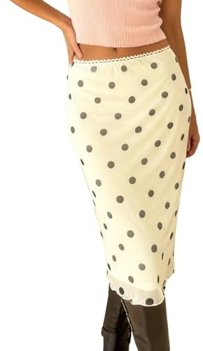 Edhomenn Womens Polka Dot Skirt Low Rise Elastic Waist Slim Fit Midi Skirt Mesh Sheer Double Layer Retro Skirt Ruffle Hem Cute Knee Length Skirts Concert Party Outfits (A01 Cream White, S)