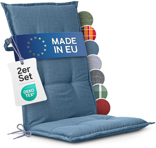 Homeoutfit24 Hochlehner Auflagen, Made in EU, 2er Set, Blau | 120x50 cm, Gartenstuhlauflagen Sitzauflagen, Oeko-Tex Zertifiziert, Hochlehner Polster