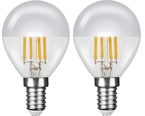 NuLoXx 2er Pack LED Filament Kopfspiegellampe P45 „Tropfenform“ SILBER E14 4W/827 2700K warmweiß, 380 LM, AC 220-240, 320° Abstrahlwinkel