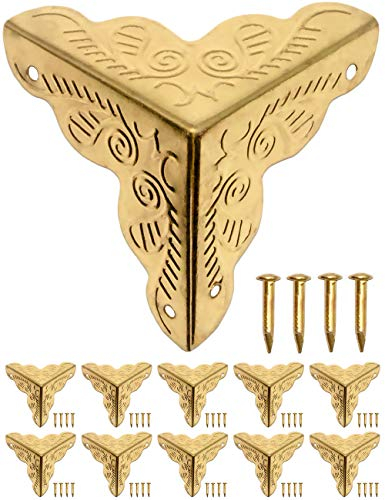 FUXXER - 10 x angoli di protezione per mobili antichi, protezione angolare, protezione per spigoli, accessori per scatole, mobili, mensole, tavoli, effetto ottone dorato, con chiodi, set da 10 pezzi