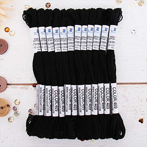 ThreadArt Premium ägyptische lange Faser Baumwolle Sticktwist | schwarz | 6 Stränge teilbarer Faden je 8,75 m für Handstickerei, Freundschaftsarmbänder, Kreuzstich und Handwerk