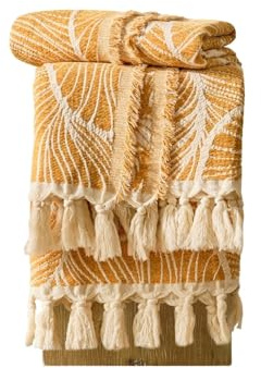 DOWN HOME Chenille Cotton Throw Blanket for Couch, Lightweight Boho Blanket for Bed Sofa Chair Living Room Outdoor Soft Woven Decorative Blanket with Tassel Gift Orange Leaves 55x60