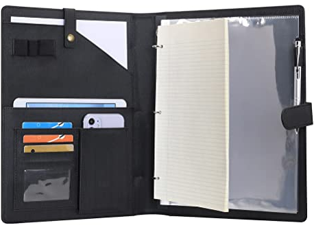 Wonderpool A4 Leder Schreibmappen Portfolio Dokumenten Halter Ringbuch Herausnehmbar Klemmbrett mit Multifach Aschen und Legal/Breit Liniert Pad für Business Organisatoren Konferenz (Schwarz)
