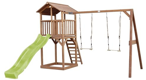 AXI Beach Tower Spielturm aus Holz in Braun | Spielhaus für Kinder mit hellgrüner Rutsche, Doppelschaukel und Sandkasten | Stelzenhaus für den Garten