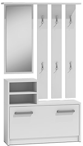ADGO - Set di mobili da corridoio, con specchio, appendiabiti e scarpiera, 6 ganci per vestiti e cappotti, guardaroba compatto per il vostro ingresso (bianco)