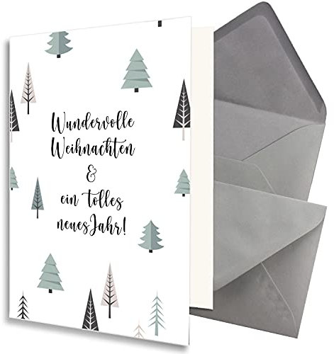 100x nachhaltiges Weihnachtskarten-Set DIN A6 in Weiß mit Weihnachtsbäumen und Text - Faltkarten mit Umschlägen DIN C6 Dunkelgrau (Grau) mit Nassklebung - Weihnachtsgrüße für Firmen und Privat