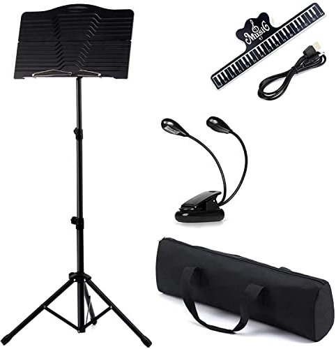 Luebel® Black Sheet Music Stand Foldable Travel Metal Stand Adjustable DMS-1 with Carrying Bag, Sheet Music Folder, Clip Holder and Rotating Lights, Portable Projector Stand, Laptop Stand