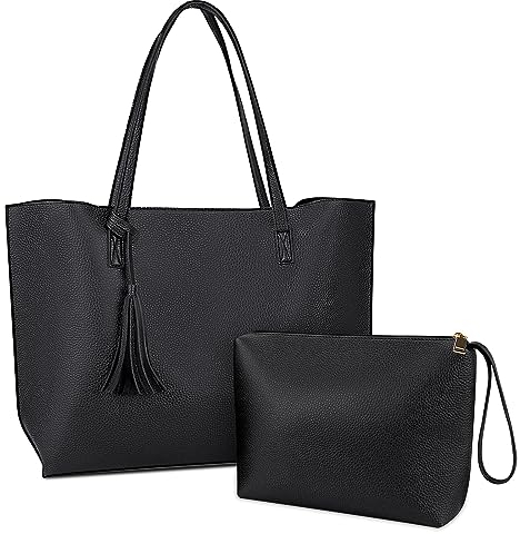 NUBILY Handtaschen Damen Shopper Damen Groß Schwarz Leder Umhängetasche Henkeltasche 2PCS Set Einfach Tote Bag Schultertasche für Schulgeschäft und Reisen