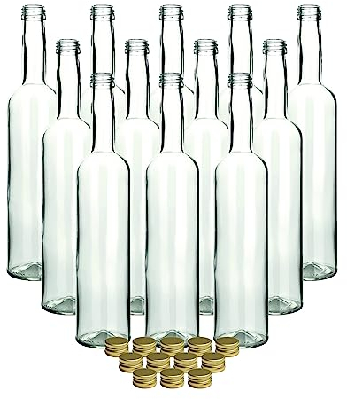 gouveo 30er Set Glasflasche 500 ml Bordeaux mit Schraubdeckel goldfarben - Runde Flasche aus Glas zum Befüllen - Leere Flasche für Likör, Wein, Öl, Essig (FBR500G)