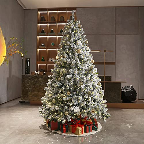 7ft Pre-Lit Snow Flocked Christmas Tree - Premium Artificial Spruce Hinged Xmas Tree with 450 LED Lights White Heavy Snow Flocking Lightweight and Easy to Assemble with Metal Stand