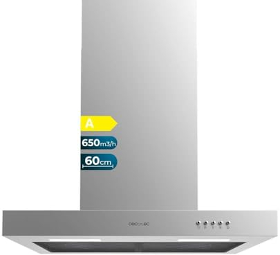 Cecotec Campana Extractora 60 cm Tipo T Bolero Flux TM 606500 Inox A. Motor 165W, Acabado Inox, Succión 650m3/h, Control Mecánico, 3 Niveles de Potencia, Luz y Filtro de Carbono