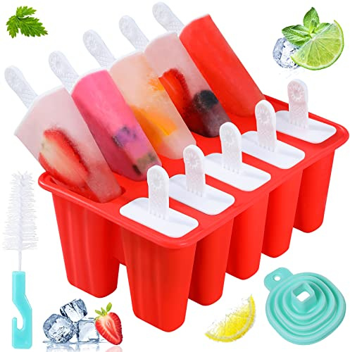 Popsicle Molds,Silicone Ice Pop Molds,BPA Free Popsicle Mold Reusable Easy Release Ice Pop Maker,Homemade Popsicle Mould with Silicone Funnel and Cleaning Brush (Red, 10 Cavities)