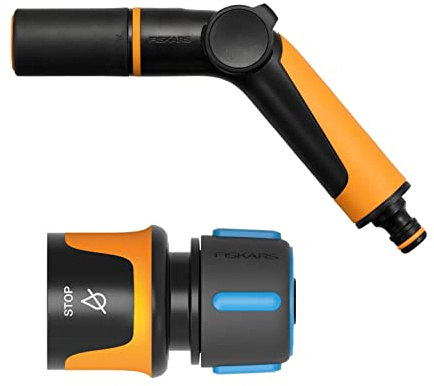 Fiskars Bewässerungsset, 2-teilig, Sprühpistole, 2 Funktionen | Universalgröße, Sprühpistolenkopf für Multibrausen, 5 Funktionen, Universalgröße, Schwarz/Orange, 1065494