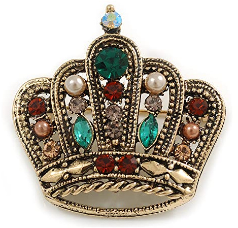 Spilla a forma di corona, in stile vintage, con perle di cristallo multicolore, in tonalità oro invecchiato, 40 mm di altezza