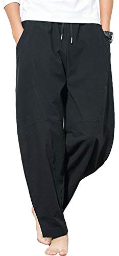 G-LIKE Pantalon sarouel pour homme, style rétro chinois, pantalon de yoga avec jambes larges pour Pilates, arts martiaux, kung fu, yoga, tai-chi, pantalon d'entraînement baggy, Noir , 31-35