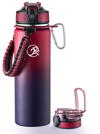 GOSWAG Insulated Sports Water Bottle, 24oz 2 Lids(with Straw/No Straw), Stainless Steel Water Bottles with Paracord Handle, Insulated Bottle with Double-Wall Vacuum Insulation