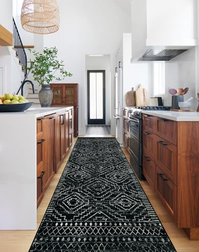 Wonnitar Washable Runner Rugs for Hallway 2'6x10', Moroccan Non-Slip Black Long Kitchen Runner, Low Pile Boho Soft Carpet Runner for Entrance Living Room Entryway Bedroom (Black,2'6x10')