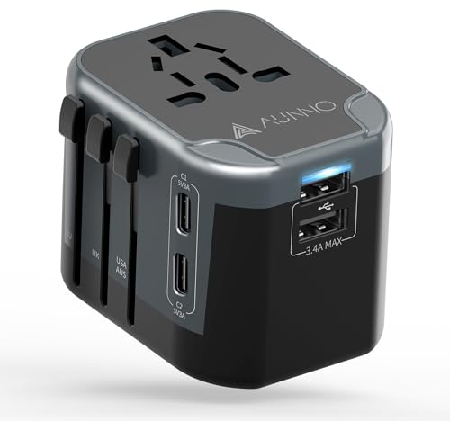 AUNNO Universal Travel Adapter, International Travel Plug Adapter with 2 USB-C and 2 USB Ports, All in One Plug Adaptor with Dual Safety Fuses, UK to European Plug Adaptor for EU USA Australia etc