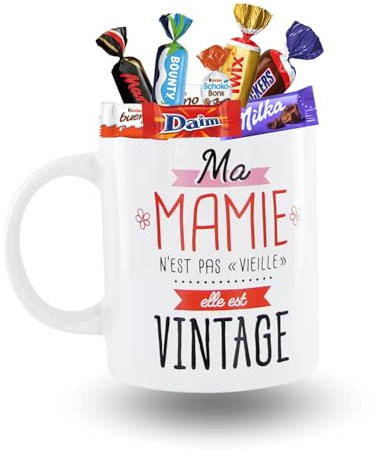 KINDER, MILKA, TOBLERONE - Mug Mamie et 20 Chocolats | Mug Mamie Garni d'un Assortiment de 20 Bonbons au Chocolat CELEBRATIONS - Prêt à Offrir pour une Fête, un Anniversaire