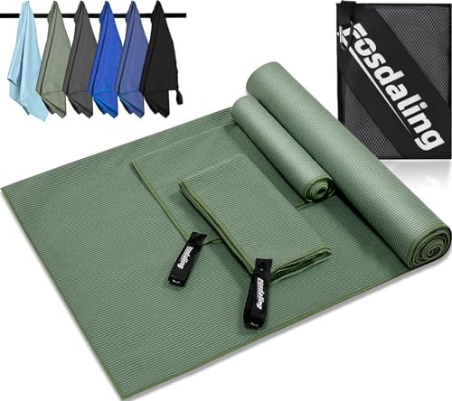 Fosdaling 3er Set Mikrofaser Handtuch: Groß 160×80cm & 2 Klein 80×40cm, Schnelltrocknend Microfaser Sporthandtuch, für Badetuch, Reisehandtuch, Fitness & Sport Handtücher und Strandtuch (Militärgrün)