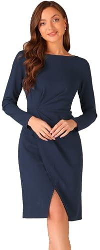 Allegra K Robe à Col Bateau pour Femmes Manches Longues Froncée Tenue de Travail Fourreau Fendue Bleu Foncé M