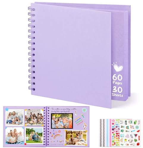 DazSpirit Scrapbook Photo Album, 8-inch Personalized Photo Book, DIY Memory Album with 5 Album Stickers, Square Hardcover Scrapbook for Wedding, Babies and Anniversaries, Purple, 30 Sheets