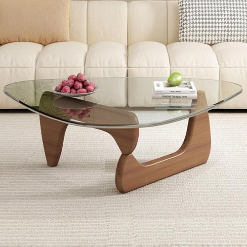 Table Basse Triangle en Verre, Table d'appoint Vintage en Verre Noir, Table d'appoint Moderne avec Base en Bois Massif pour Salon, Patio, Bureau, Pieds en Noyer + C, 91 × 65 × 40 cm