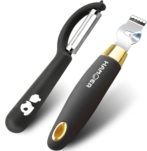 HAMOER Zesteur de citron avec couteau à canal, outil de fabrication d'agrumes avec poignée incurvée ergonomique dorée, noir