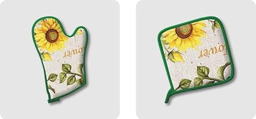 RICAMI FIORENTINI BALDI Set guanto da forno e presina, disegno GIRASOLE. Made in Italy (guanto + presina)