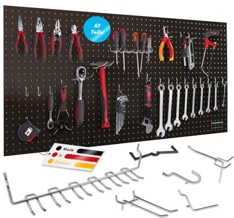 Pegboard Werkzeugwand aus Holz (MDF) inkl. 67-teiligem Hakenset - 120x60x0,5cm schwarz/braun, Ø7mm Löcher & 25,4mm Lochabstand - für Werkstatt und mehr - FSC-zertifiziert & Made in Germany