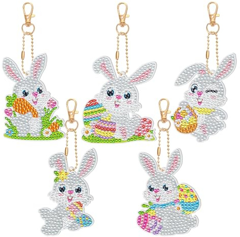 JSRQT 5 Stück Diamond Art Painting Ostern Osterei Set Diamant Painting Kinder Frühling Diamond-Painting Schlüsselanhänger Diamant Malerei Anhänger Bastelset DIY Geschenk Ostereier Osterdekoration Deko