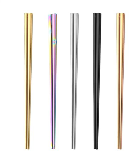 Palillos de metal,Palillos de acero inoxidable, 5 pares de juegos de vajilla chinos japoneses coreanos antideslizantes, Vajilla de metal apta para lavavajillas, palillo chino coreano japonés antidesli