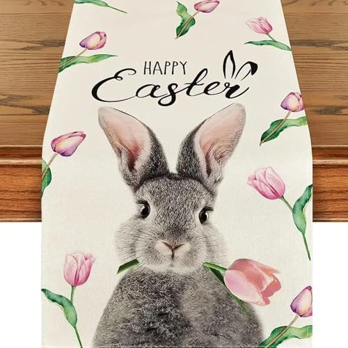 Scinzene Mode Tulpe Hase Ostern Tischläufer, Saisonnal Frühling Waschbar Küche Esstisch Dekoration Drinnen Urlaub Party Dekor 40x140 cm, Ostern Deko, Frühling Tischläufer, Deko Ostern