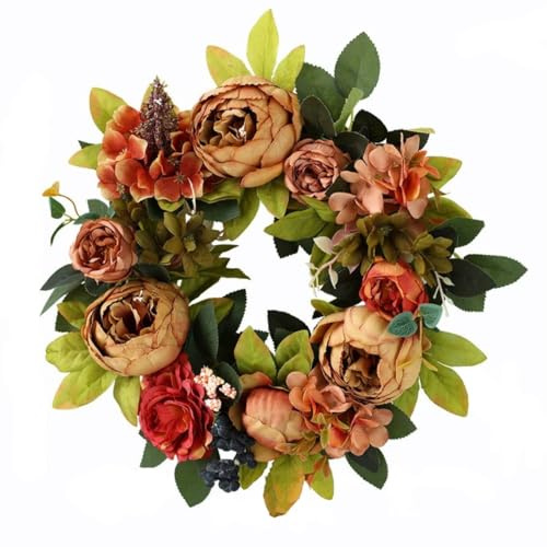 Artificial Peony Flower Wreath, Spring Peony Simulation Flower, Used for Front Door Easter Christmas Weddings, Parties, Decoration(Brown Vintage)