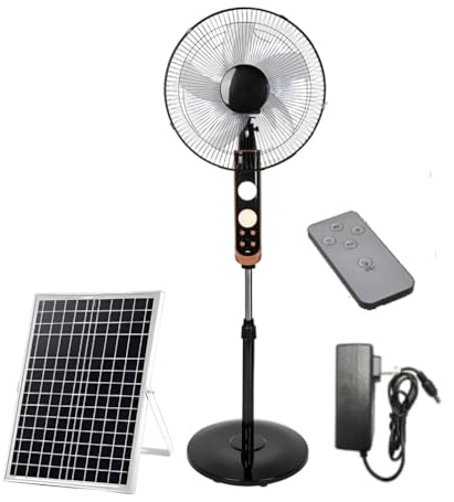 MOFGOE 16in High-Velocity Oscillating Metal Stand Fan, Solar Floor Fans with Solar Panel & Remote Control, 3-Speed Setting, Adjustable Tilt, for Home, Garage, Gym & Workshop, Black