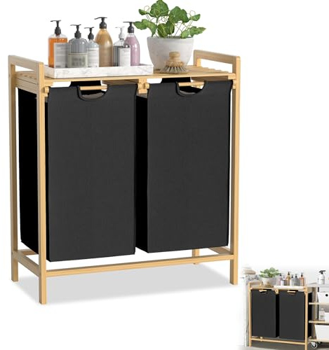 YRHome Panier à linge en bambou - 2 compartiments - 36 l - 73 x 64 x 33,5 cm - Panier à linge avec étagère - Panier à linge en tissu Oxford - Pour buanderie, chambre à coucher - Noir
