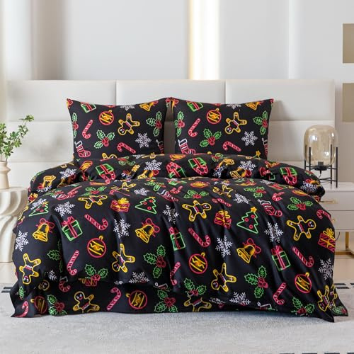 Cotton Market Weihnachtsbettwäsche 220x200 cm 3-teiliges Bettwäsche-Set mit 2 Kissenbezügen 70x80 cm Weiche Microfaser Schwarz mit Wintermotiv Kuschelige Bettwäsche-Garnitur für die Weihnachtszeit