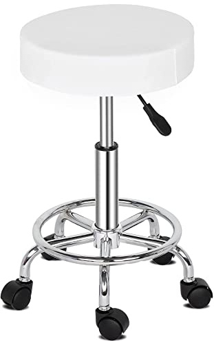 TactFire Sgabello con Ruote Regolabile in Altezza in Pelle PU, Sedia da Lavoro Imbottita con Cuscino in Pelle 8cm, per Bar, Casa, Parrucchiere,Ufficio (1, Bianca)