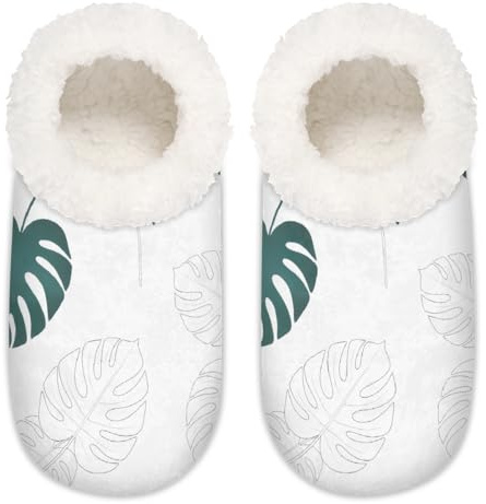 Chintiz Pantoufles douces et confortables pour femme et homme, motif feuille de Monstera pelucheuse, antidérapante à dos fermé pour l'hiver, la chambre à coucher, l'intérieur et l'extérieur, Monstera