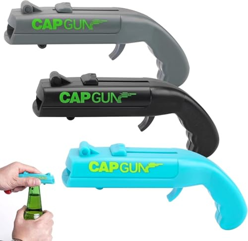 3-pack kapsylpistol, rolig flasköppnare, kapsylskjutare, ölöppnare pistol, öppnar och skjuter kapsyler, prylar för män till hem bar fest dryckesspel (blå, grå, svart)
