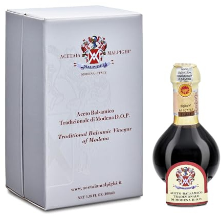 Acetaia Malpighi – Aceto Balsamico Tradizionale di Modena DOP Affinato 12+ Anni – 100 ml – Solo Mosto Cotto – Con Ricettario e Tappo dosatore