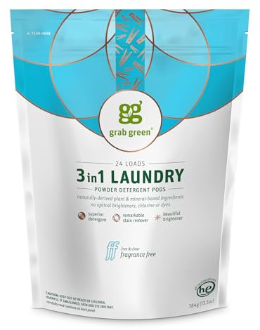 Grab Green Naturally-Derived, Plant & Mineral-Based Laundry Detergent Pods, Fragrance Free, 24 Loads