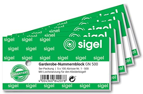 Sigel GN500 Garderoben-Nummernblöcke mit Lochstanzung, 500 Bons (fortlaufend nummerierte Blöcke von 1 bis 500, 10,5 x 5 cm), gesamt 5 Blocks, aus nachhaltigem Papier