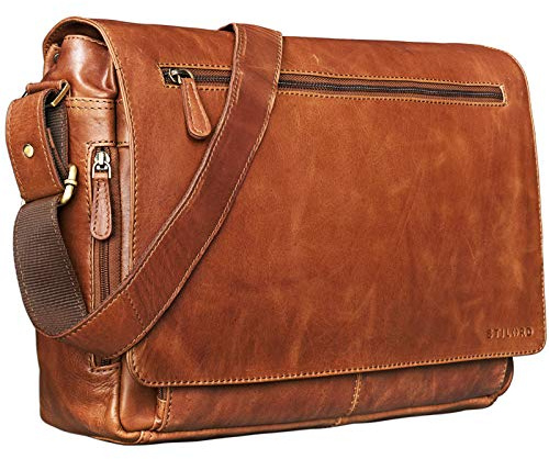 STILORD Jan 15,6 Zoll Laptoptasche Leder Herren Damen Umhängetasche Unitasche Aktentasche Freizeit Bürotasche weiches Vintage Leder Farbe:antik - braun